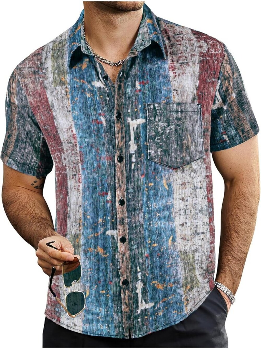 Men's Multicolour Short Sleeve Collared Button Down Beach Shirt with Pocket
